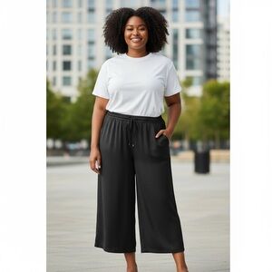 Black Crop Pull On Satin Pant 2X Elastic Tie Waist Plus Size Wide Straight leg